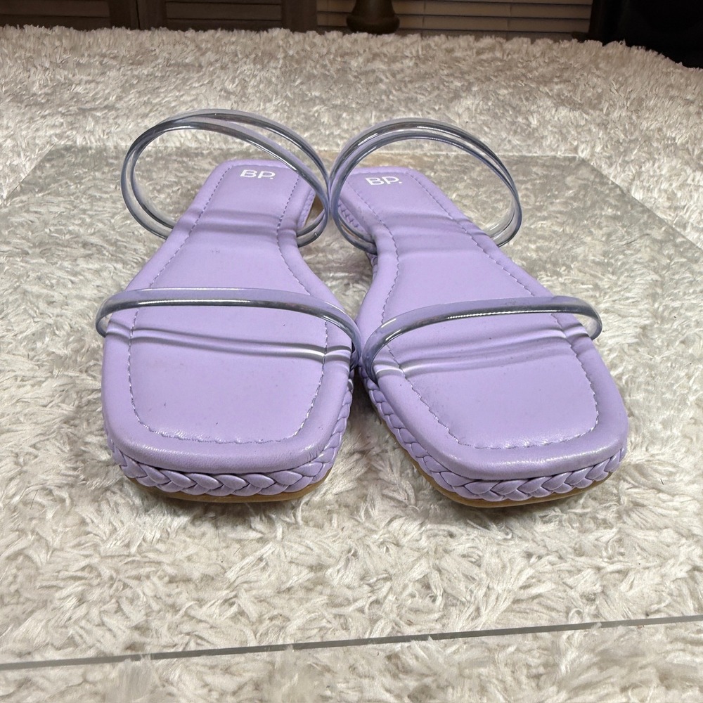 BP Sandals Women's 9.5 Viola Purple Square Toe Clear Strap Flat Sandals Slide - Picture 3 of 6